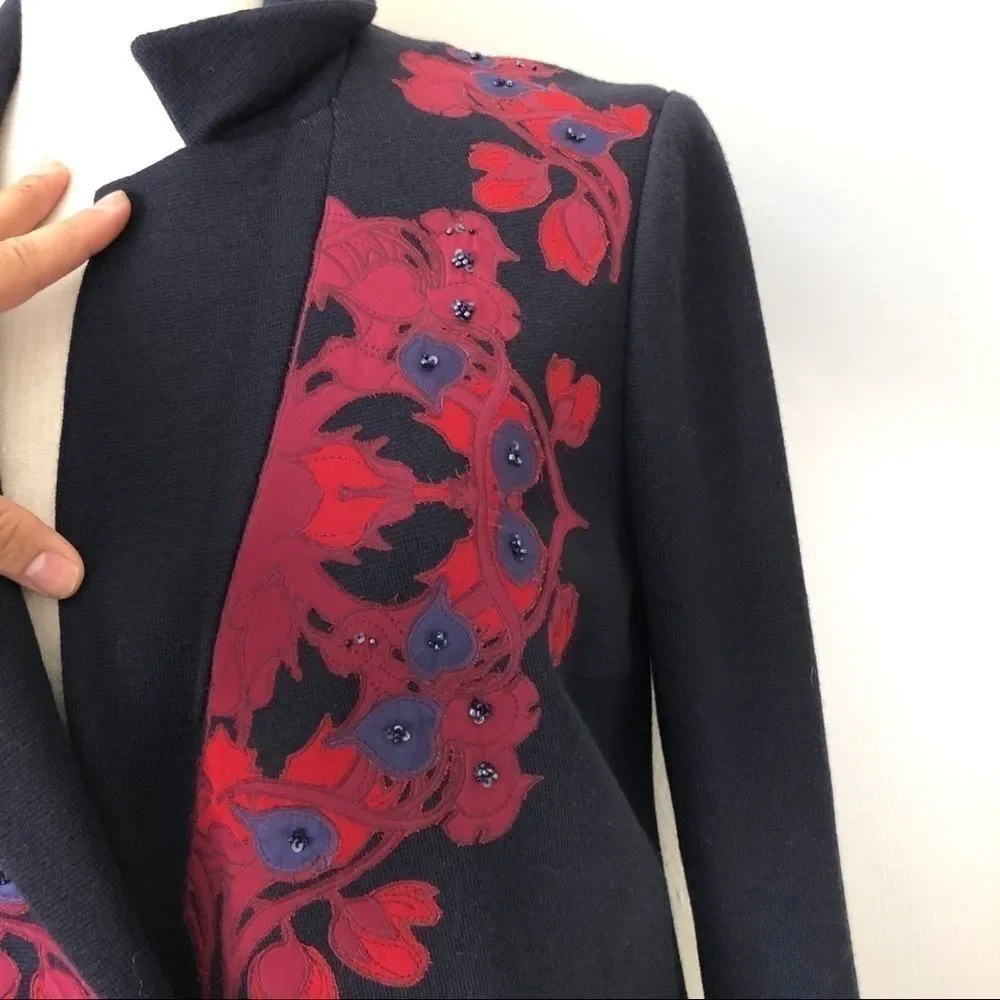 Tory Burch Navy Blue Embroidered Blazer Medium - Picture 2 of 8